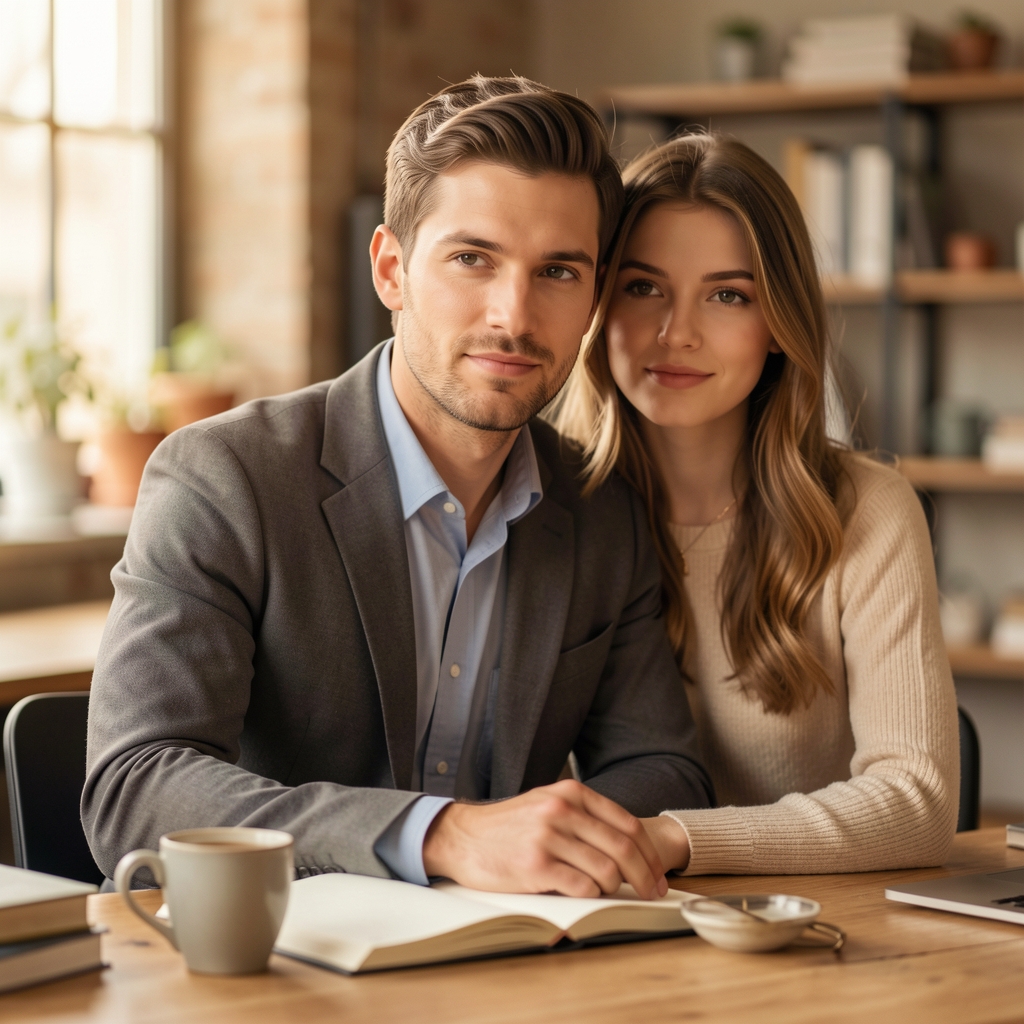 Male editorial portrait in a warm naturally lit workspace, man seated at a wooden desk with an open notebook and cup of tea, thoughtful calm expression, Kuala Lumpur editorial photography