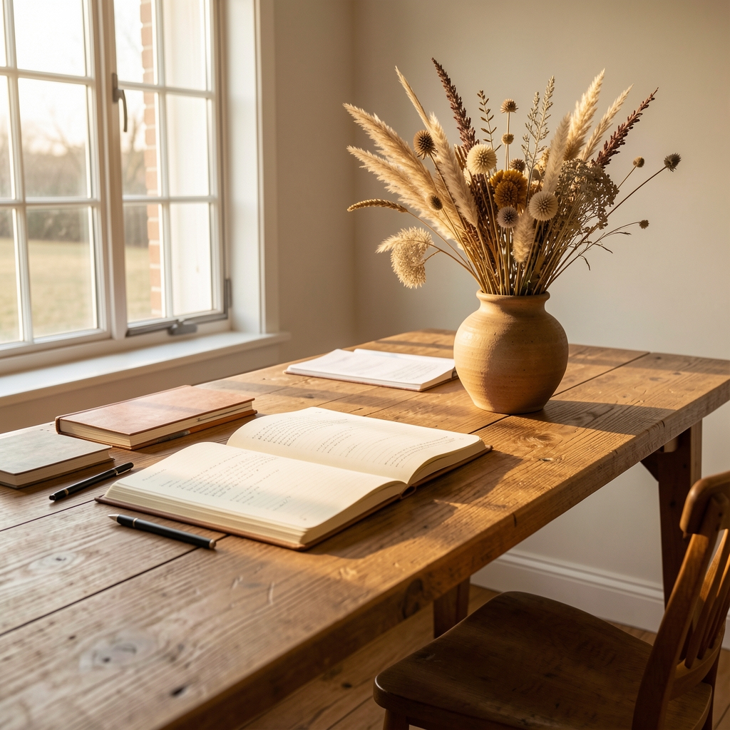 Editorial workspace with a wide oak desk, open wellness journals, dried botanicals in a ceramic vase, warm afternoon natural light through large windows in Kuala Lumpur, minimal organised composition