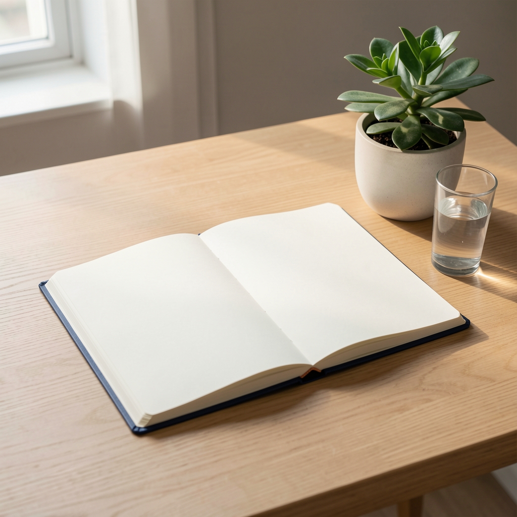 Open habit journal on a clean wooden desk beside a glass of water and a small indoor plant, early morning editorial still life