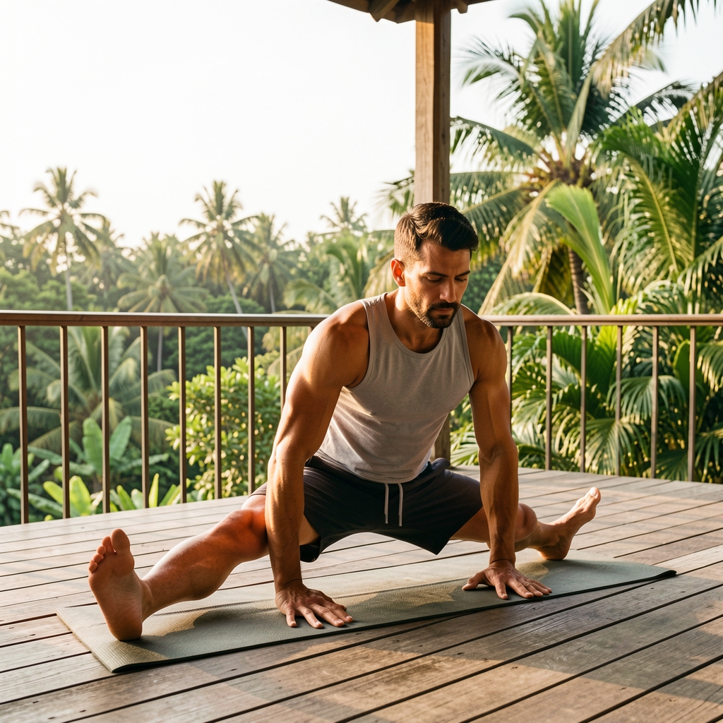 Man doing morning stretches on a timber deck overlooking tropical greenery, early daylight, editorial wellness photography
