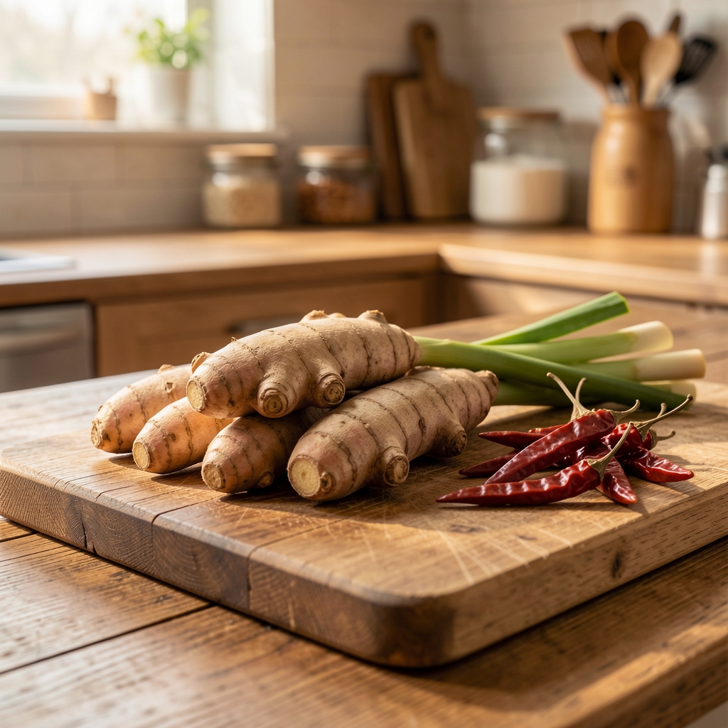 Fresh turmeric root, lemongrass stalks and dried chillies arranged on a wooden cutting board in a warm kitchen, editorial natural light photography
