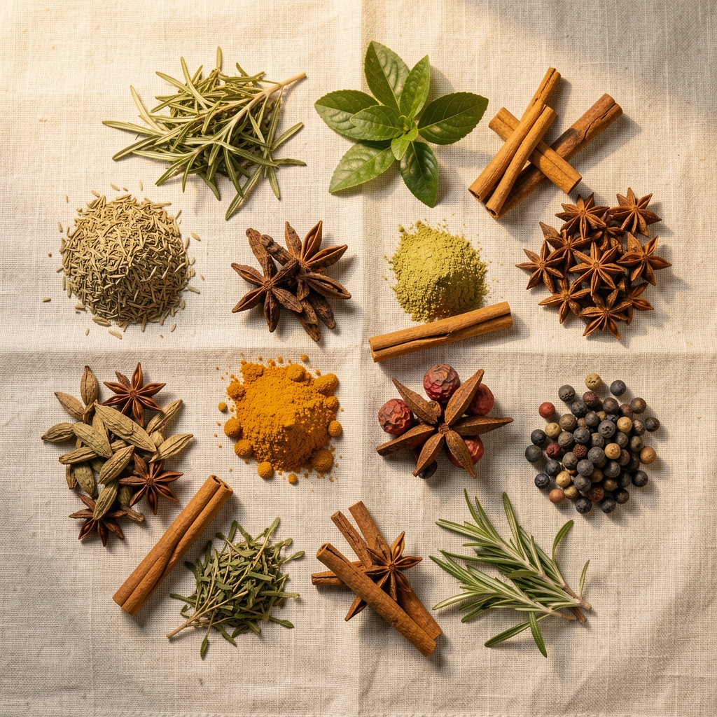 Array of traditional Malaysian herbs and spices on a pale linen cloth, warm overhead editorial lighting, botanical flat lay