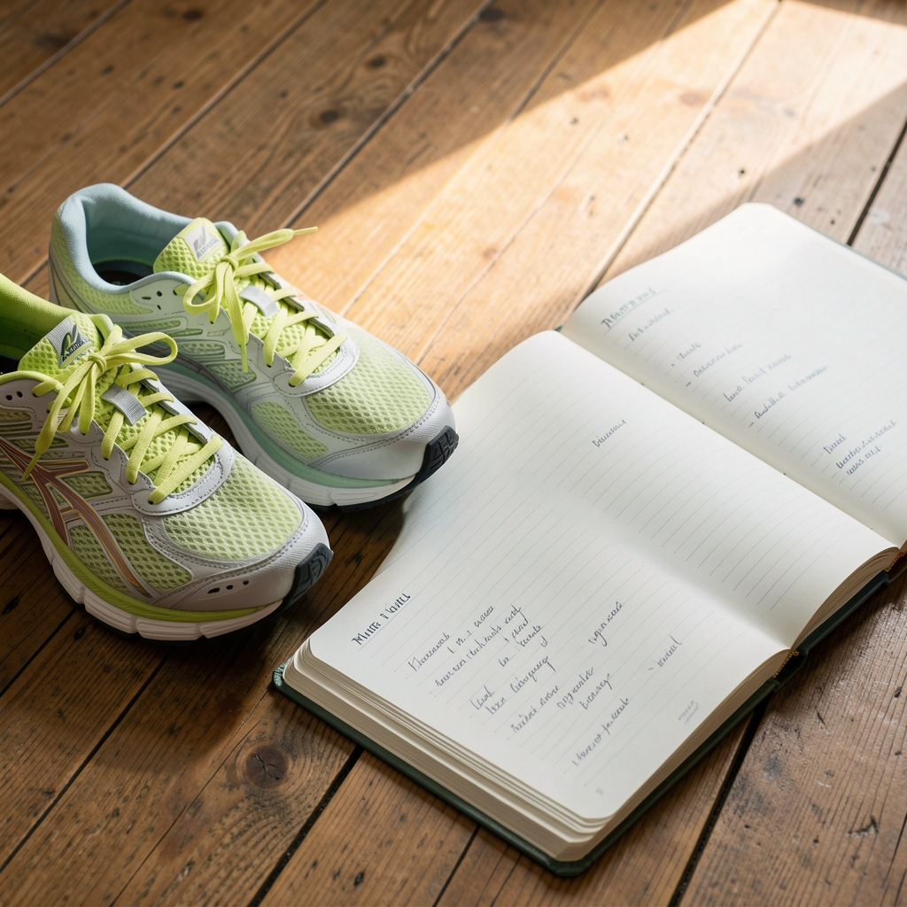 Running shoes placed beside an open movement journal on a wooden floor, natural morning light, editorial lifestyle photography