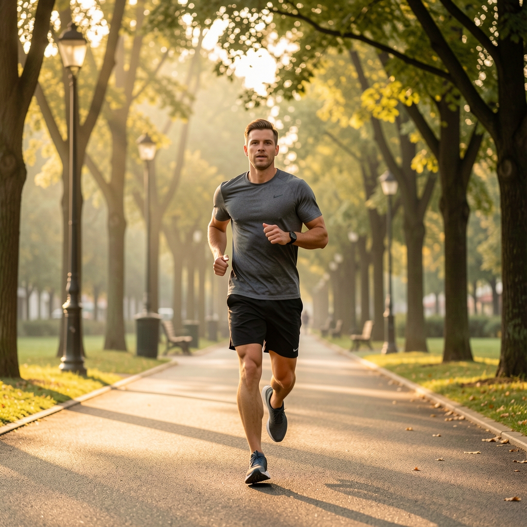 Man jogging along a tree-lined urban park path in Kuala Lumpur early morning, soft golden light, editorial movement photography