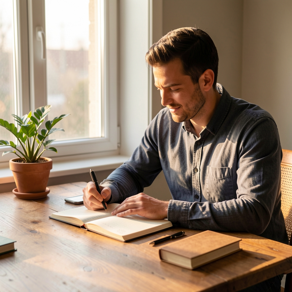 Active man journalling at a wooden desk near a window, warm natural morning light, editorial composition with plant and notebook