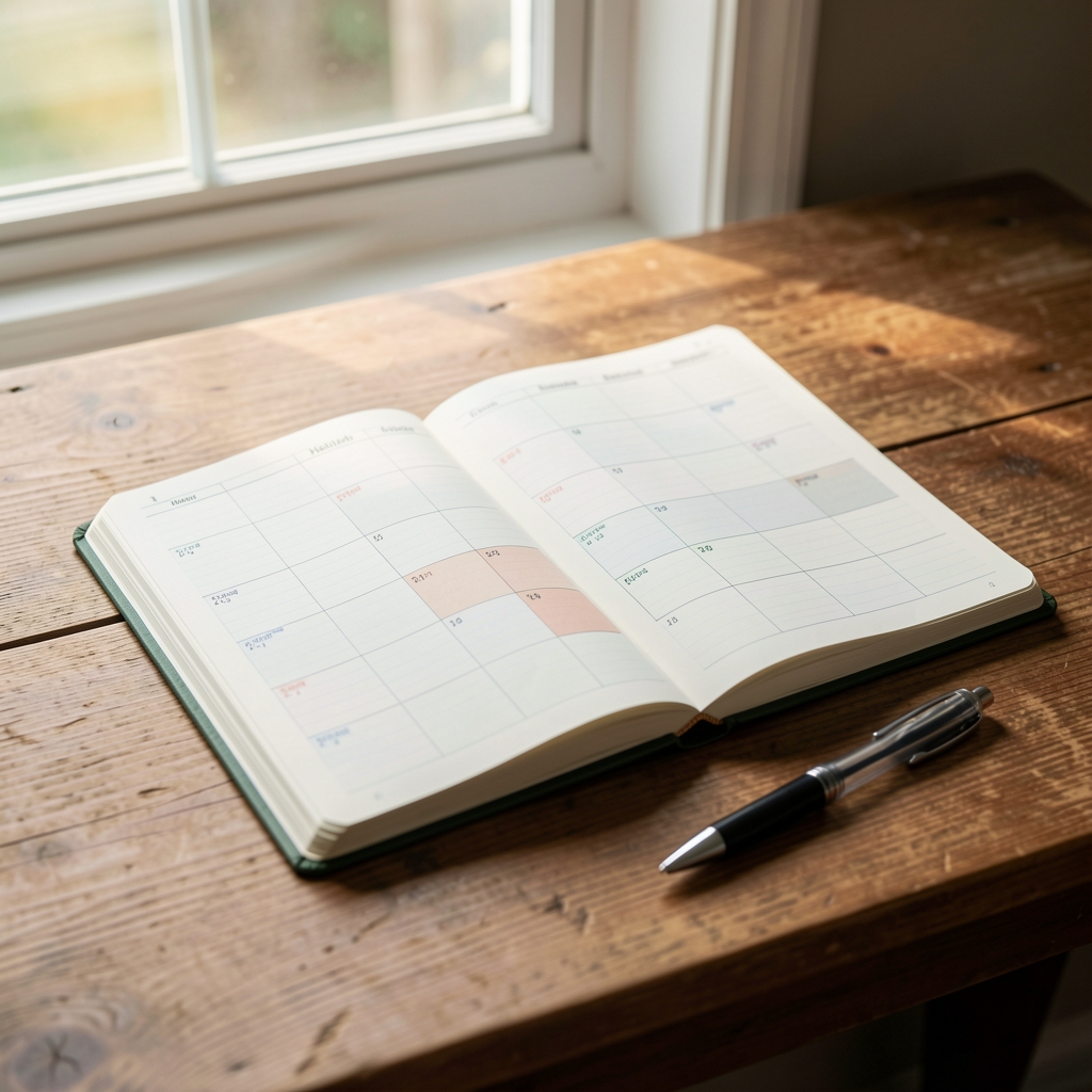 Habit tracker journal open on a wooden desk with pen and natural morning light, editorial composition